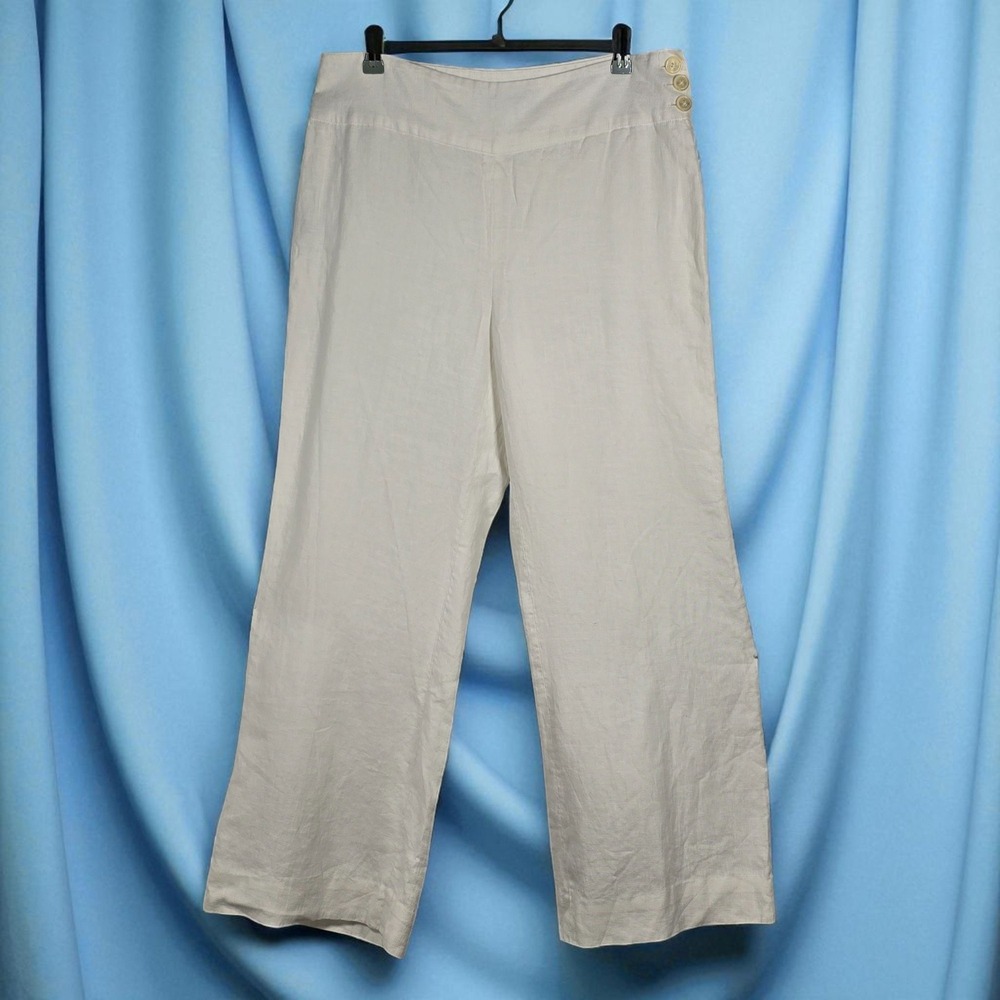 American Living Linen Pants Woman Size 10 White Wide Leg High Waist Side Closure